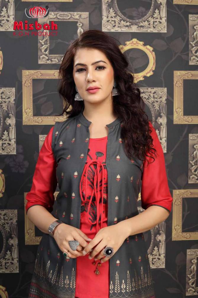 Misbah Nayantara 1 Designer Exclsive   Fancy Finest Quality Of Rayon Heavy Gold Print With Work With Jacket Kurti With Skirt Collection